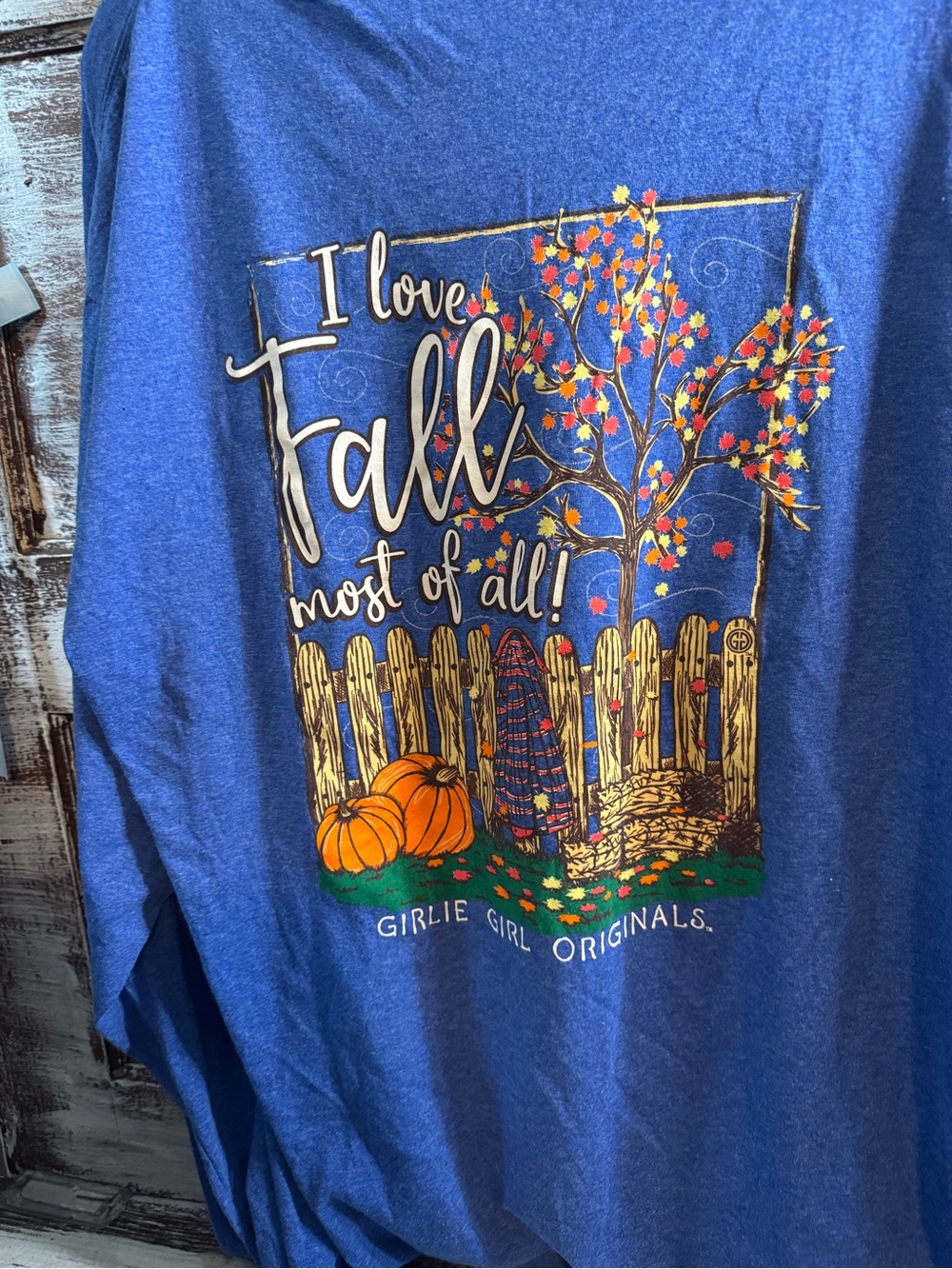 Blue Long-Sleeve Crewneck Tee with Orange Pumpkin Fall Design